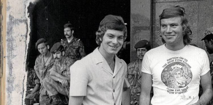 Nick Megens (right) with fellow LM Radio DJ John Novik shortly after the Radio Palace siege was lifted in 1974. 